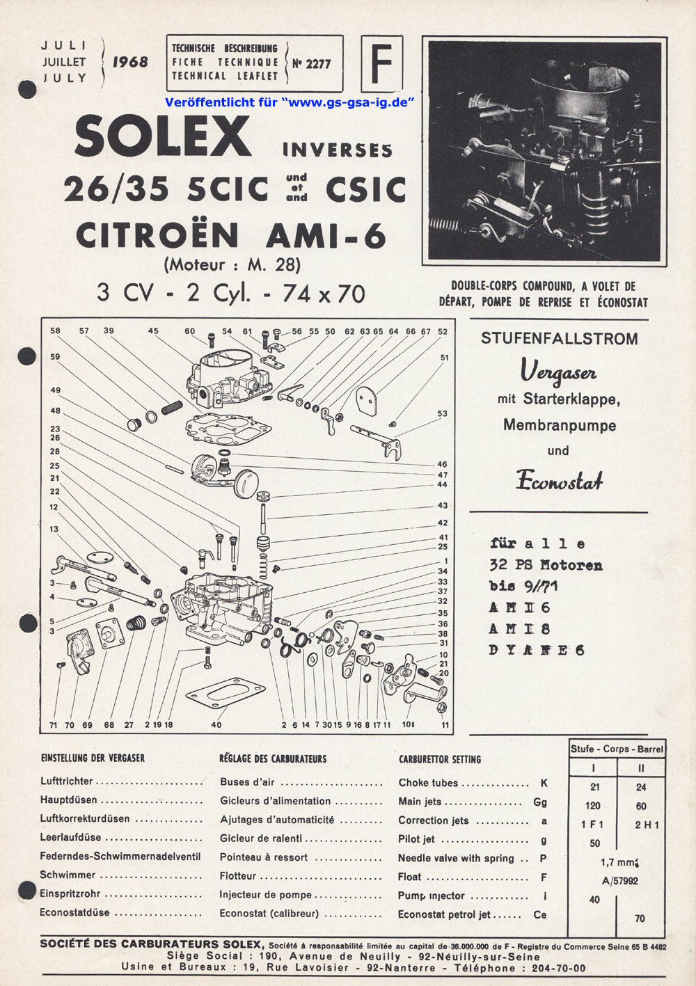 Vergaser Reparatursatz Solex 26 BC 1. Passend für Citroën 2CV +